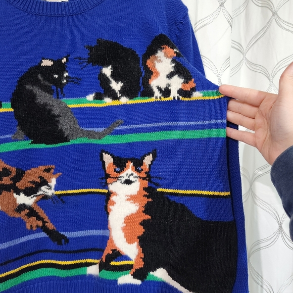 Vtg Susan Bristol Cat Sweater Navy Boxy 90s Crazy Cat Lady Size LARGE L Women's - Picture 2 of 9